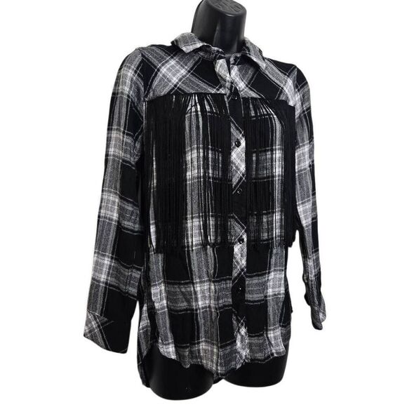 Rails Plaid Western Button Down Size Small Fringe Top Shirt Black White - Picture 2 of 6